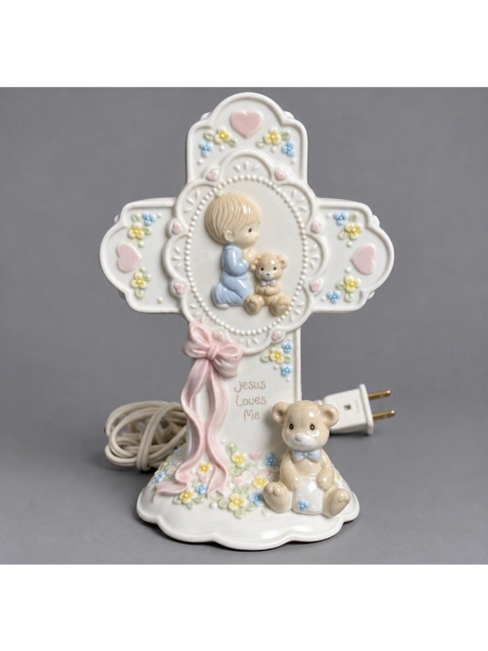 Vintage PRECIOUS MOMENTS Jesus Loves Me 7" Ceramic Boy Cross Lamp Night-Light
